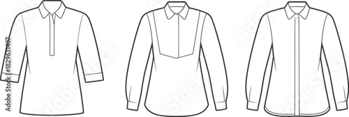 Long-sleeved shirt fashion sketch, front view garment template, CAD drawing, flat vector, clothing design, collar placket cuff styles