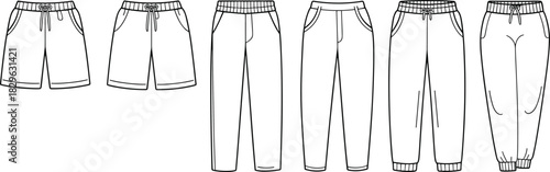 Casual pants and shorts fashion sketch, front view garment template, CAD drawing, flat vector, clothing design, technical illustration