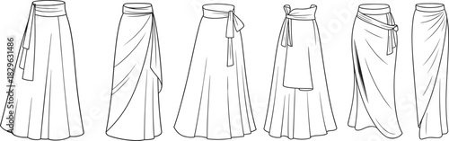 Long skirt fashion sketch, front view garment template, CAD drawing, flat vector, clothing design, pleated wrap draped styles