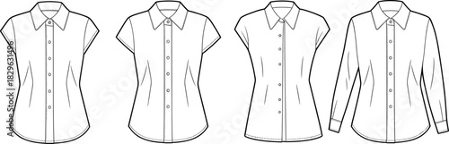Women’s button-up shirt sleeve styles, fashion sketch, garment template, CAD drawing, flat vector, clothing design, technical illustration