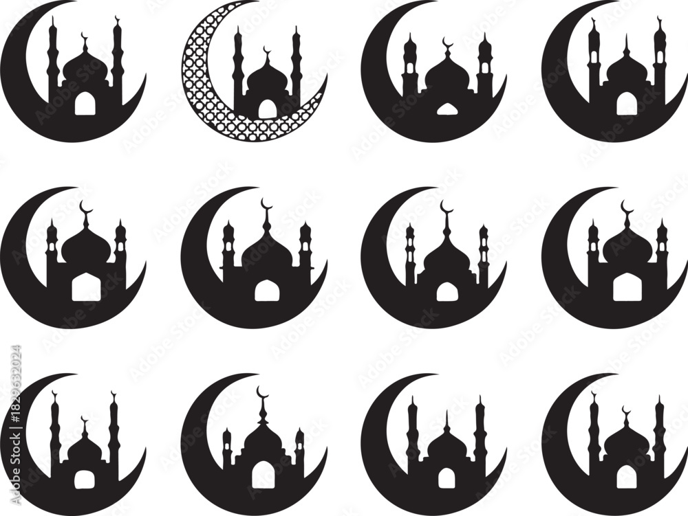 Fototapeta premium Crescent Moon and Islamic Mosque Silhouette Building Vector Illustration Isolated on Transparent Background in Silhouette Style Editable Stroke