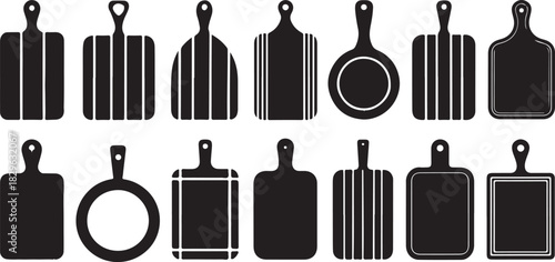 Set of Twelve Simple Black Cutting Boards with Handles of Various Shapes on a Transparent Background Flat Style 130 Characters