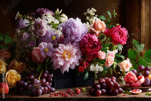 Wallpaper Mural Vibrant display of seasonal flowers and fresh fruits on rustic wooden table Torontodigital.ca