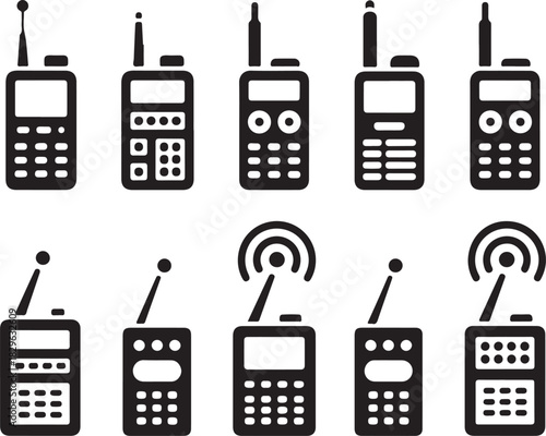 Set of Walkie Talkies Icons Modern Illustration Black and White Design Isolated on Transparent Background 130 Characters