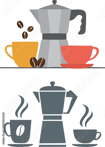 A collection of coffee makers and cups, featuring warm colors and steaming beverages, evoking the comforting ritual of enjoying coffee.