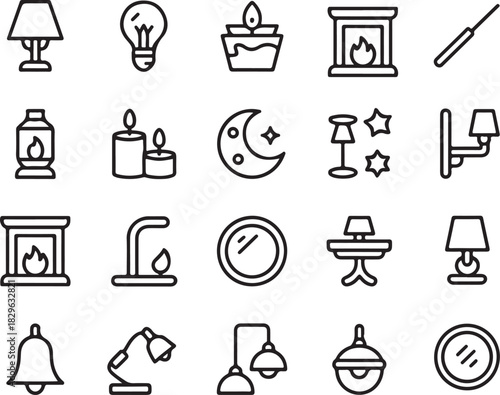 Set of Line Art Home Interior and Lighting Icons on Transparent Background Illustration 130 Characters