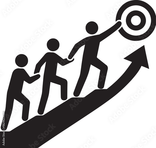 Minimal goal achievement teamwork icon showing success, collaboration, targets and progress in vector style.
