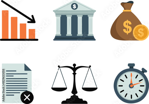 Financial business concept with falling graph money bag courthouse balance time and rejected document in flat vector illustration