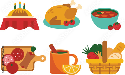 Food concept for celebration with cake turkey soup meat slice with tomato cup of tea and fruits in basket flat vector art