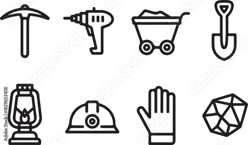 Mining Industry Vector Illustration of Tools and Equipment for Coal Production on Transparent Background with Pickaxe and Safety Helmet 130chr