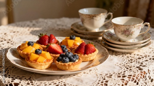 Elegant afternoon tea with fresh fruit tarts and vintage porcelain