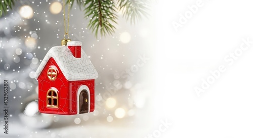 Christmas tree ornament in shape of red house as ceramic or porcelain figurine, festive background with copy space. Christmas card or banner for real estate, sales on holidays, new home or apartment