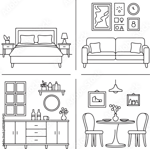 Set of Home Furniture Icons Featuring Bedroom, Living Room, and Dining Room Interior Layouts for Interior Decoration Concept on Transparent Canvas