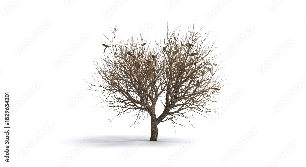 Fototapeta premium Bare deciduous tree with small birds perched on branches isolated on white background