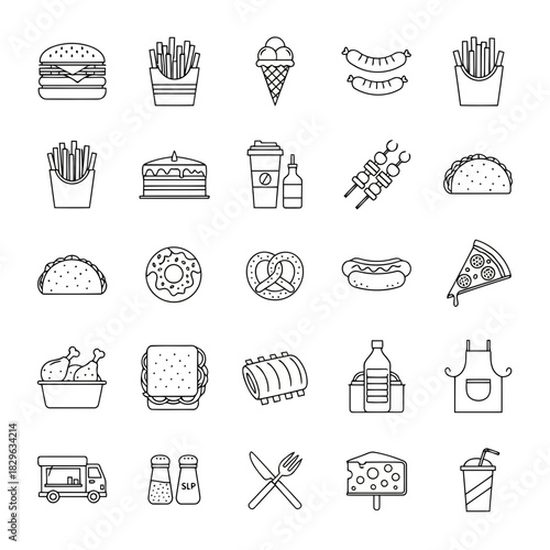 Assorted fast food items and kitchen utensils in black and white line art style