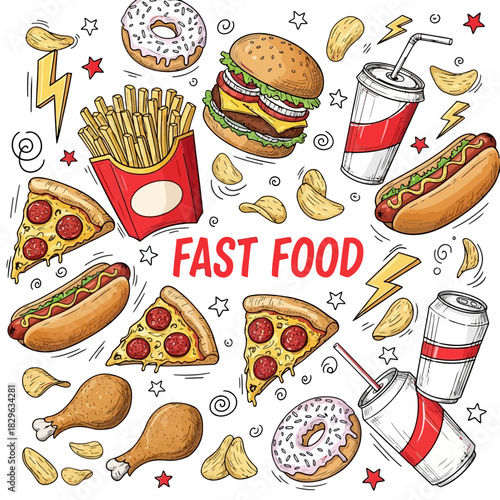 Fast food items including burgers, fries, pizza, and drinks on a colorful background