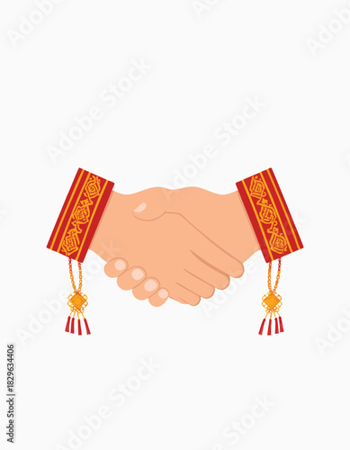 Illustration depicting a handshake with ornate wristbands, symbolizing agreement and partnership.