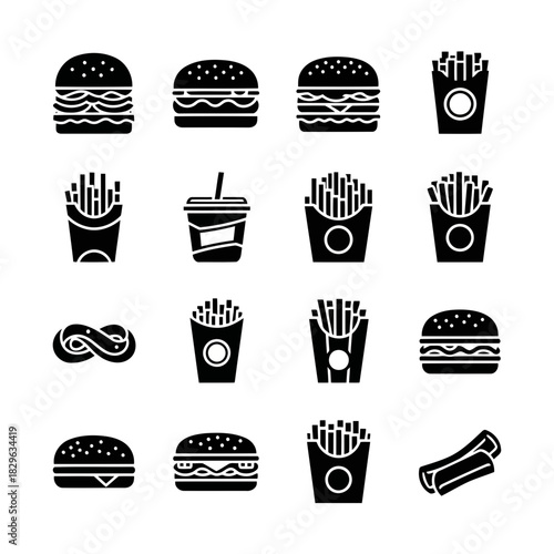 Black and white icons of burgers, fries, drinks, and fast food items on a