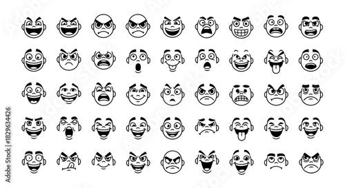 Collection of diverse cartoon faces expressing various emotions and moods, suitable for graphic design and illustration projects