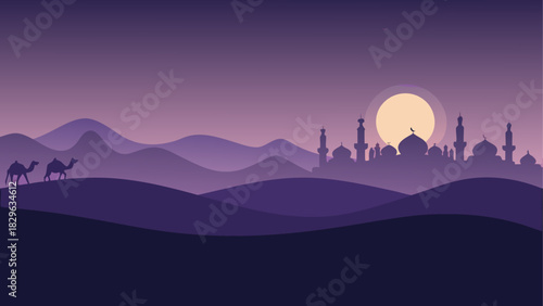 Camels silhouette in desert with mosque background