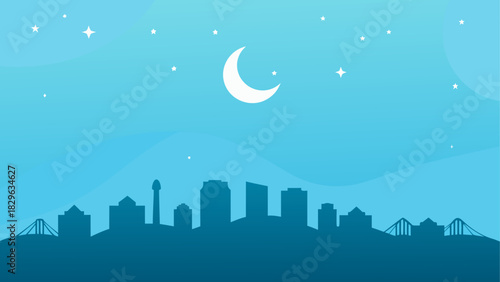 Cityscape silhouette under moon and starry sky art