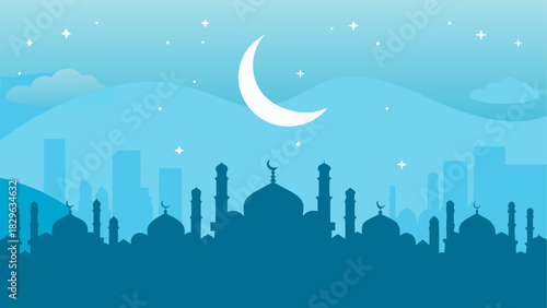 Silhouette of mosque against crescent moon and city