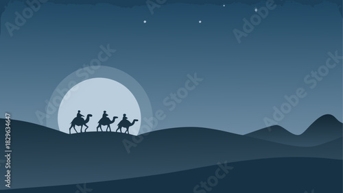 Camels silhouetted in desert landscape at night