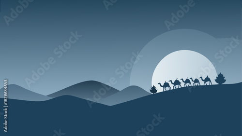 Silhouette of camels walking in desert landscape