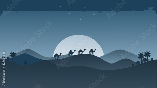 Silhouetted camels walking across desert at night