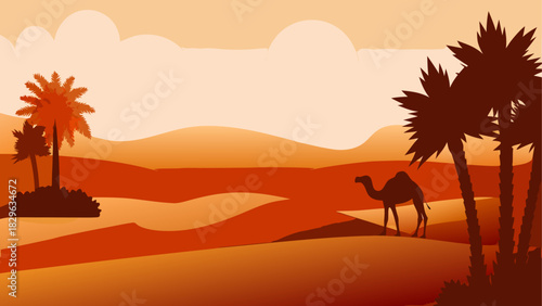 Illustration of a desert landscape with a camel