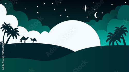 Night landscape with camels palms moon and stars