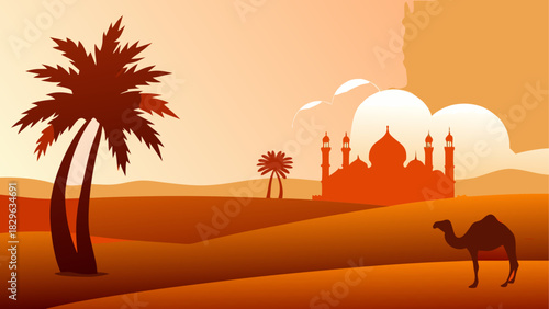 Silhouette of desert landscape with camel and palms