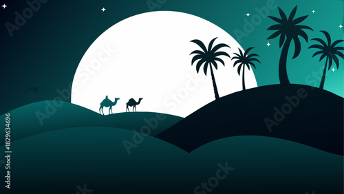 Camels silhouette under moon and palm trees night