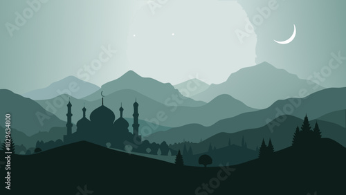 Silhouette of mosque and mountains with crescent moon