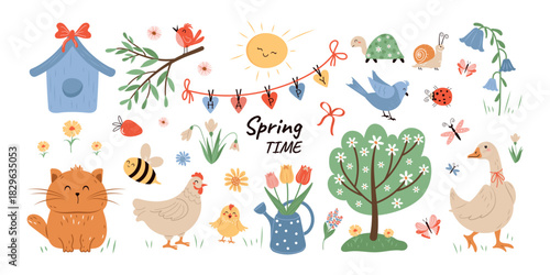 A large spring collection with various seasonal elements highlighted on a white background animals, flowers, birds, and butterflies. Vector design