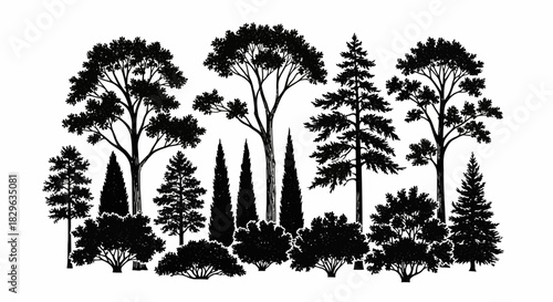Silhouette of various trees and plants in a forest setting, showcasing different types of foliage and branches