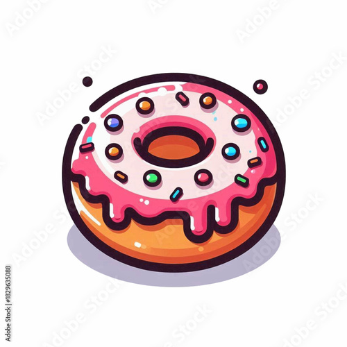 A pinkfrosted cartoon donut adorned with colorful sprinkles and a thick outlined edge