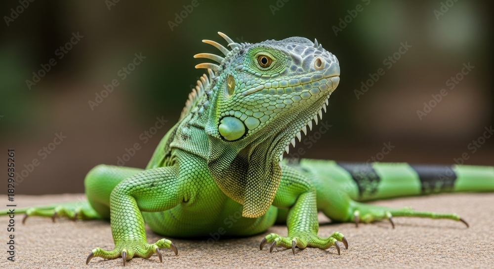 Fototapeta premium A captivating close-up of a vibrant green iguana showcasing its scales and details
