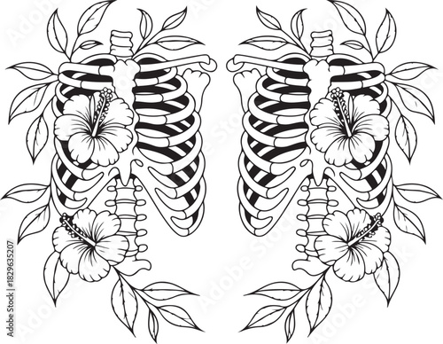 Rib Cage Skeleton With Flowers Decorative Anatomy Illustration Floral Adornment Vector Graphic Design for Medical or Tattoo Style Isolated on White