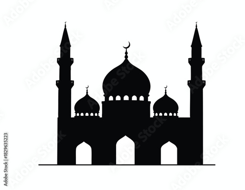 Silhouette of a mosque with minarets and domes against a white background.