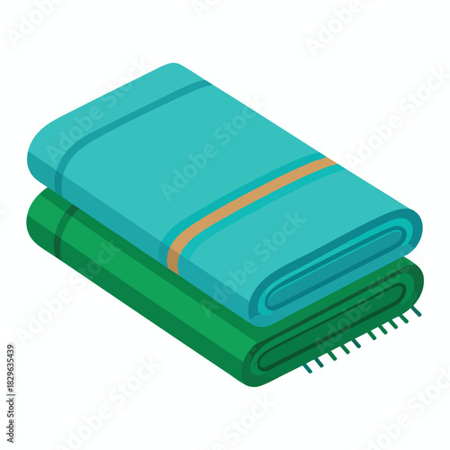Two folded towels, one turquoise with a tan stripe, stacked on top of a green towel.