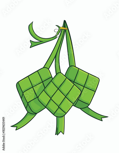 Three green ketupat hang from a golden ring, a traditional rice dumpling.