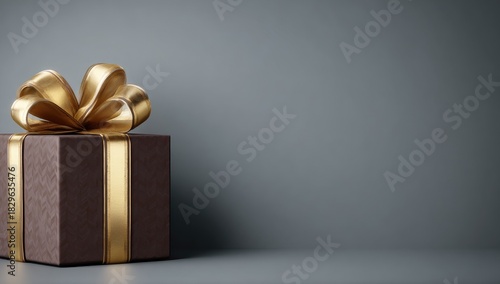 Gift box with gold ribbon on gray background