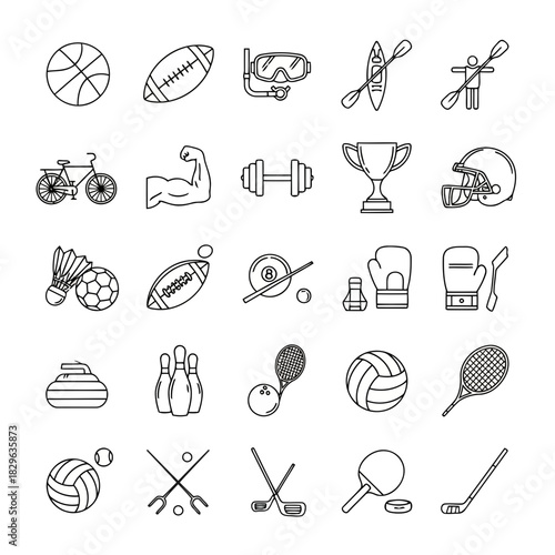 Collection of various sports equipment and accessories including balls, rackets, helmets, and more