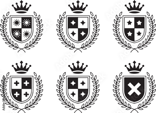 Collection Of Heraldic Coat Of Arms With Crown Laurel Wreath Shield And Symbols Like Stars Crosses Sun In Black Color On Transparent