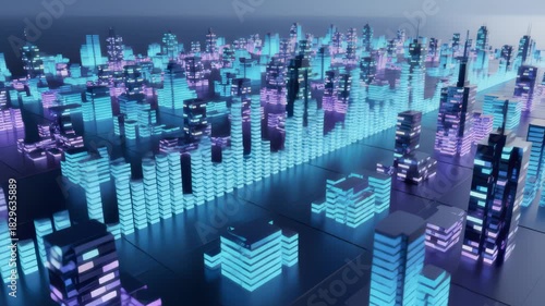 Stylized 3d Cityscape: Buildings Rising Against Purple and Blue Backdrop