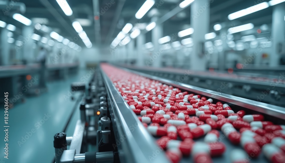 custom made wallpaper toronto digitalRed and white capsules move on a production line in a sterile pharmaceutical factory. Automated machinery conveys pills for mass manufacturing and healthcare.