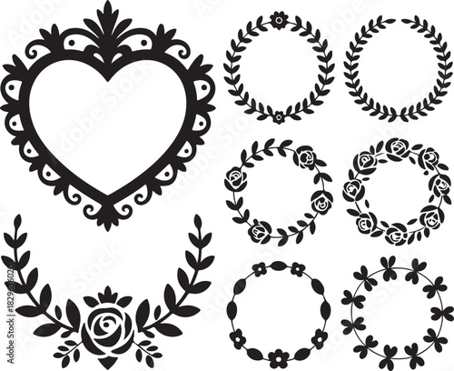 Floral Wreaths and Heart Frame Silhouette Vector Illustration Decorative Leaves and Flower Borders in Transparent Background 130 Chars