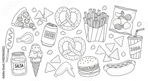Assorted food items including pizza, burgers, fries, and drinks illustrated in a playful sketch style