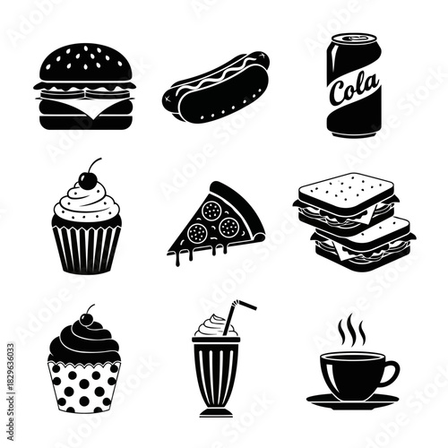 Black and white illustration of various fast food items including burgers, hot dogs, pizza, sandwiches, cupcakes, and beverages